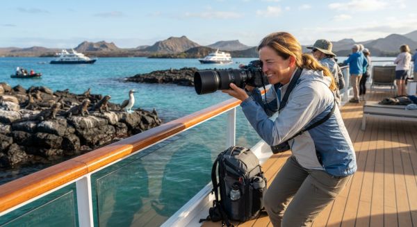 Quelle croisière propose des ateliers de photographie pour capturer la faune des Galápagos?